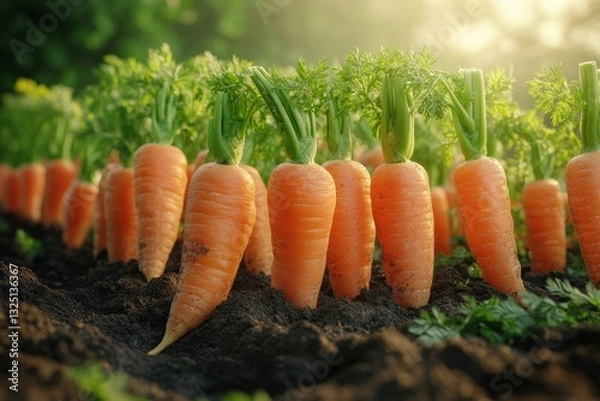 Fototapeta Carrots growing in soil under soft sunlight in a tranquil garden setting