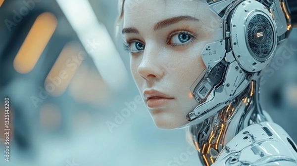 Fototapeta Futuristic Robot Woman with Complex Mechanical Features and Expression