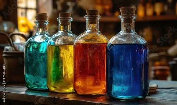 Fototapeta Colorful bottles of liquid arranged on a wooden table.