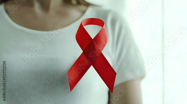Fototapeta Woman in White Shirt with Red AIDS Awareness Ribbon in Support of HIV Prevention