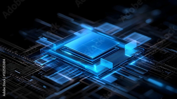 Fototapeta Illuminated Microchip Processor Circuit Board Blue Tones Abstract Digital Technology Concept