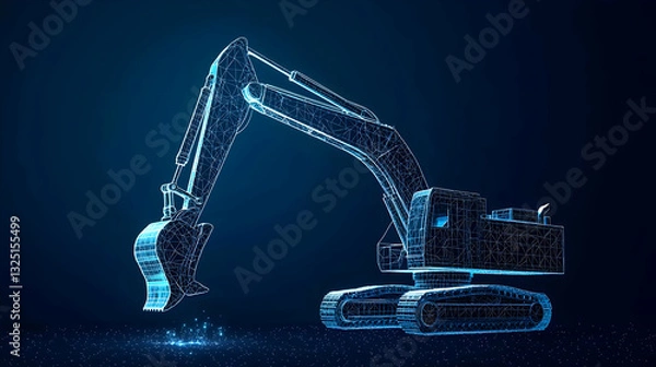 Fototapeta Abstract Blue Polygonal Wireframe Excavator on Dark Background Modern Technology in Construction Industry