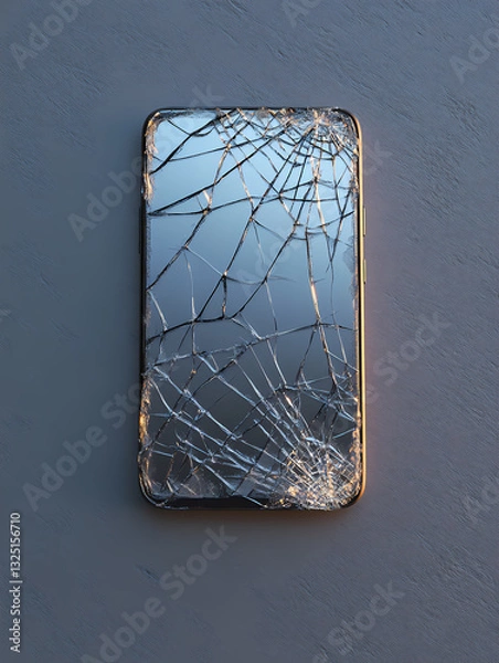 Fototapeta Smartphone resting on a grey background, featuring a severely damaged screen with extensive cracks and shattered glass, highlighting the fragility and vulnerability of modern technology