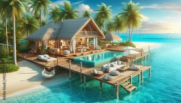 Fototapeta Depict a tropical beachfront house with open-concept living spaces, large wooden decks, palm trees, a hammock, and a breathtaking view of crystal-clear turquoise waters under a bright blue sky