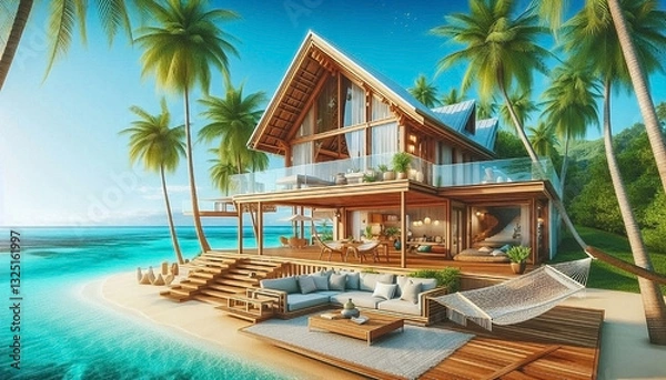Fototapeta Depict a tropical beachfront house with open-concept living spaces, large wooden decks, palm trees, a hammock, and a breathtaking view of crystal-clear turquoise waters under a bright blue sky