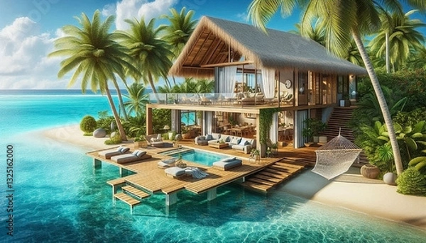 Fototapeta Depict a tropical beachfront house with open-concept living spaces, large wooden decks, palm trees, a hammock, and a breathtaking view of crystal-clear turquoise waters under a bright blue sky