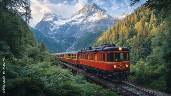 Obraz Beautiful historic train traveling through lush green forests with mountains in the background on a bright sunny day