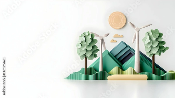 Fototapeta 3D Paper Craft Landscape With Wind Turbines Green Mountains Trees And Sun On White Background Promoting Renewable Energy