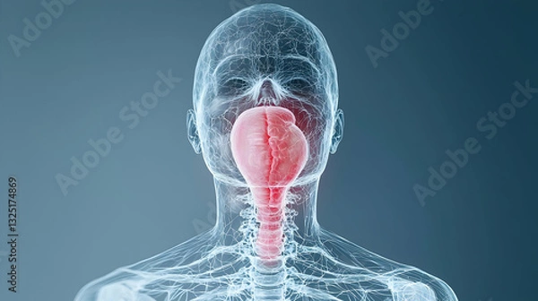 Fototapeta 3D Render Of A Glowing Red Human Throat Highlighted In A Wireframe Head Anatomy Against A Dark Blue Background