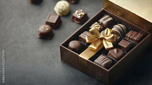 Fototapeta Box Of Chocolate With Gold Ribbon And Assorted Chocolates On Black Surface Studio Shot