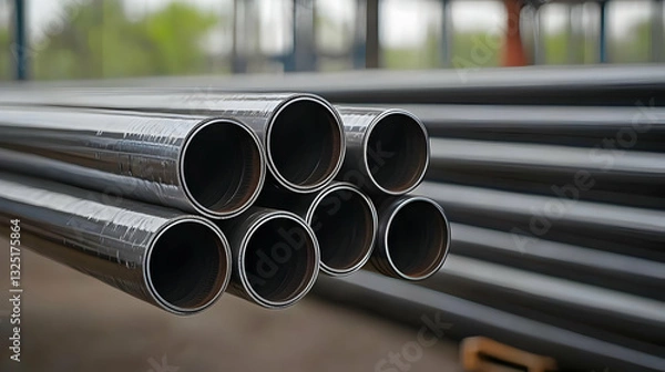 Fototapeta Close Up View Of Stacked Black Steel Pipes In An Industrial Warehouse Environment