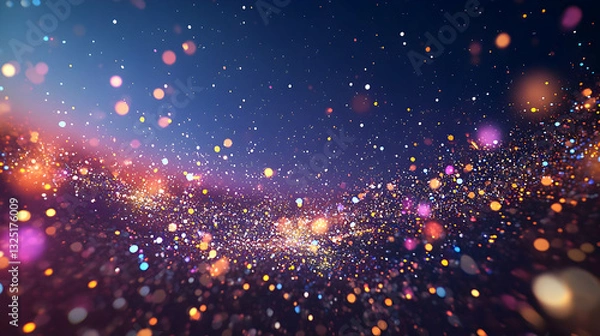 Fototapeta Abstract Bokeh Light Particle Swirl Over Blue and Dark Background with Glittering Sparkles