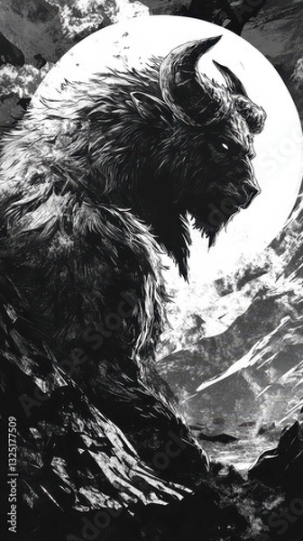 Fototapeta A monstrous creature stands before a radiant and illuminated full moon