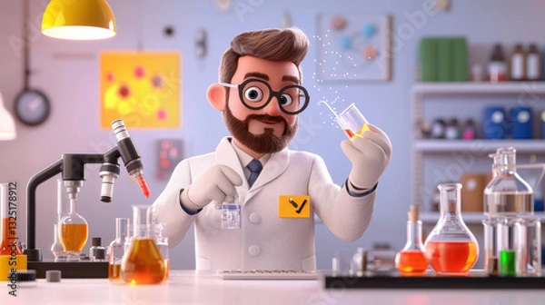Fototapeta Scientist conducting experiments in colorful laboratory with glassware