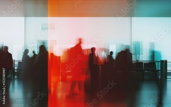 Obraz Abstract image of blurred figures in an airport waiting area, with a red and teal color filter effect. The silhouettes of people are indistinct, suggesting movement and transit