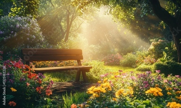 Fototapeta Peaceful garden view with a rustic wooden bench surrounded by colorful flowers, golden sunlight streaming through the trees.
