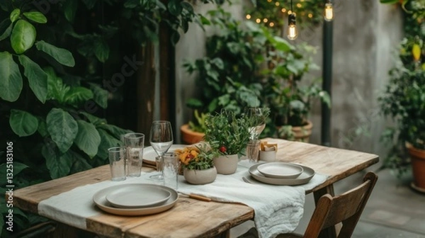 Fototapeta Charming minimalist outdoor dining area with greenery and warm lighting inviting a cozy gathering in the evening