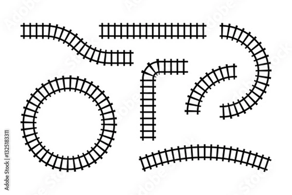 Fototapeta Collection of railroad segments. Rail road elements top view. Train track straight and waved lines isolated on white background. Vector illustration.
