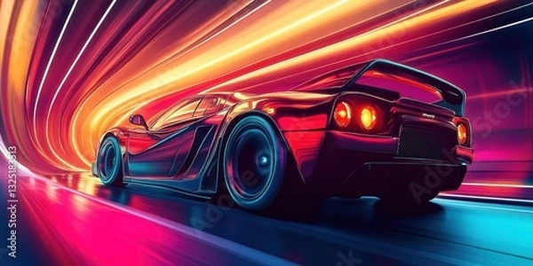 Fototapeta A red sports car racing through a colorful neon tunnel