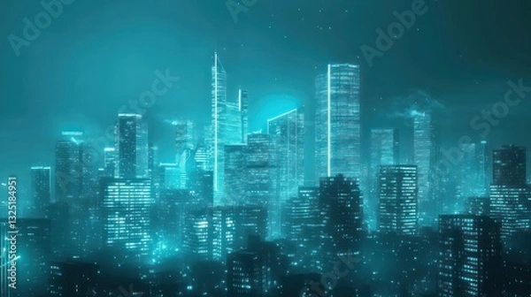 Fototapeta Futuristic City Skyline Under a Teal Colored Nighttime Sky