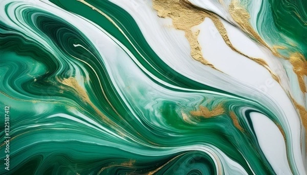 Fototapeta abstract background ink fluid marble effect green white color with gold texture
