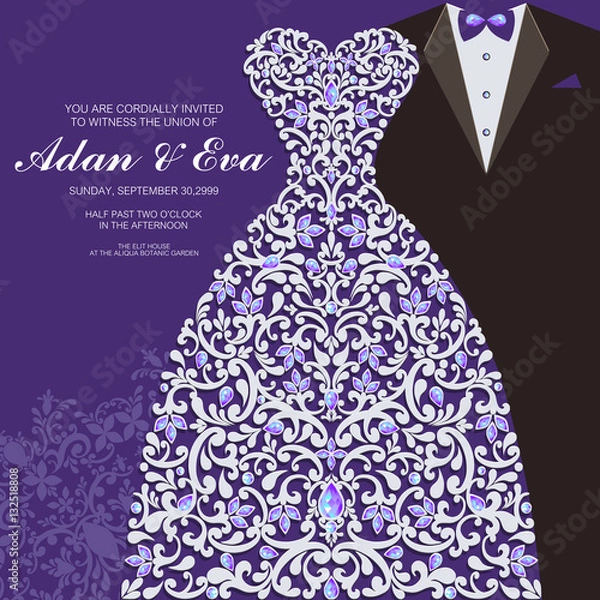 Fototapeta Wedding Invitation card templates with patterned and crystals on paper color Square size.