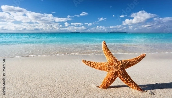 Fototapeta starfish on sandy beach with gentle waves and clear turquoise water under a blue sky with scattered clouds