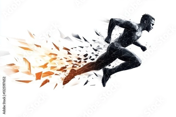Obraz A logo of an athlete running, made from simple triangles and low-poly shapes, with a dynamic motion blur effect, on a white background Generative AI