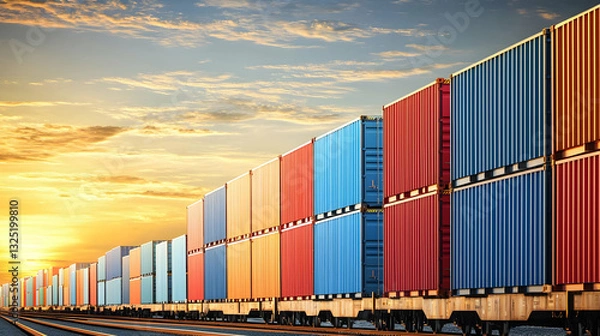 Fototapeta Colorful freight train with stacked shipping containers traversing railway during sunset with golden hour lighting