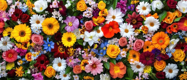 Fototapeta Burst of multicolored flowers blooming in lush garden, creating vibrant and cheerful atmosphere
