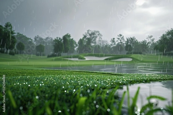 Fototapeta Premium Quality Image of Wet Rainy Weather on Golf Course Affecting Play