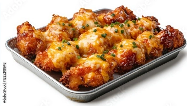 Fototapeta Delicious Cheesy Baked Chicken Wings Garnished with Fresh Chives on a Rustic Baking Tray, Perfect for Game Day or Family Gatherings.