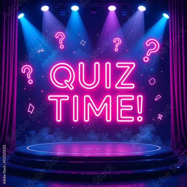 Fototapeta Neon Quiz Time Stage with Question Marks.A vibrant, digitally rendered stage scene announces "QUIZ TIME!" in bright pink neon lettering.