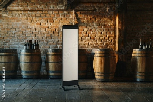 Fototapeta  Pull-up banner mockup in rustic winery setting with wooden barrels and wine bottles against brick wall background
