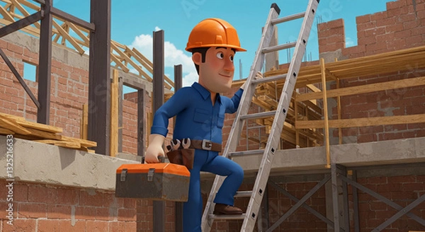 Fototapeta Construction Worker Climbing Ladder on Building Site
