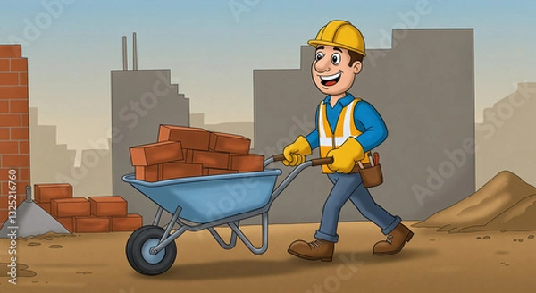 Fototapeta Construction Worker Pushing Wheelbarrow with Bricks
