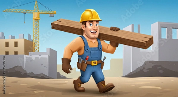 Fototapeta Strong Construction Worker Carrying Wooden Planks