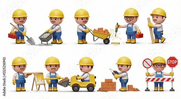 Fototapeta Set of Construction Workers in Various Activities