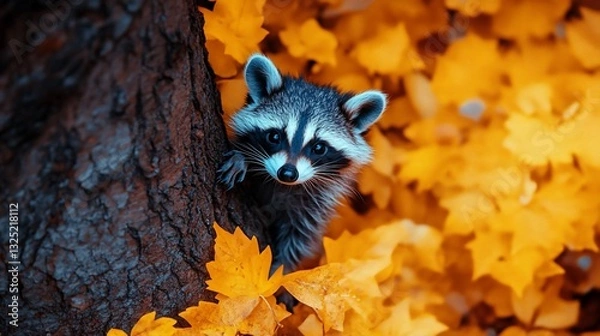 Fototapeta Curious raccoon autumn tree leaves forest wildlife