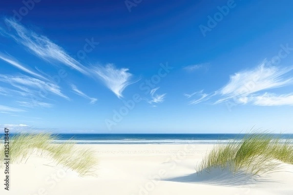 Fototapeta Pristine beach scene under a vibrant blue sky.  Gentle waves meet white sand. Lush grass and wispy clouds