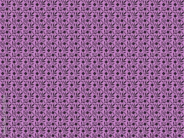 Fototapeta Black floral vine pattern on bright magenta background. Seamless bold ornamental design ideal for textiles, wallpapers, gift wrap, and modern decorative projects.