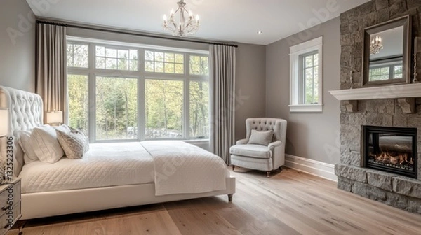 Fototapeta A glamorous and luxurious bedroom in a rustic farmhouse style, featuring large windows that allow natural light to flood the space
