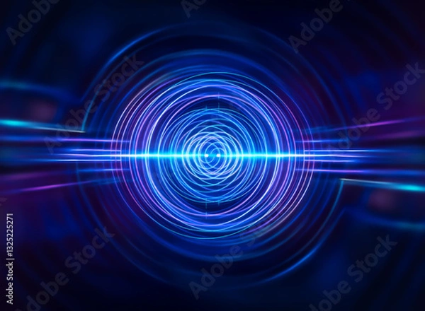 Fototapeta Abstract blue and purple concentric circles radiate from a central point, crossed by horizontal light streaks in a dark background.  A futuristic and energetic design.
