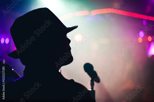 Fototapeta silhouette of a man with a hat singing at night