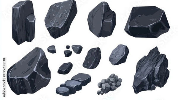 Fototapeta A chic cartoonstyle coal stone icon for web design, crafted as a 2D graphic with a crisp white backdrop.