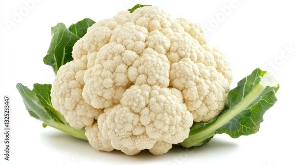 Fototapeta Fresh, vibrant cauliflower stands out against a soft white background, highlighting its unique texture and color.