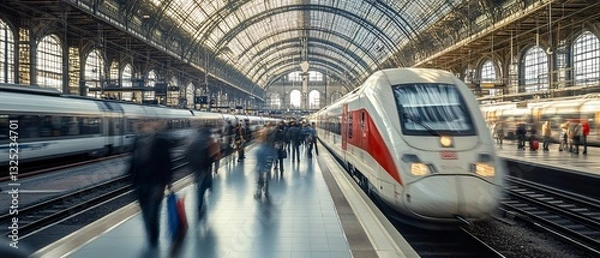 Fototapeta Busy Urban Railway Station with High-Speed Trains and Commuters Walking, Milan