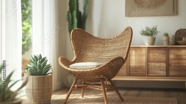 Fototapeta Wicker Chair in a Sunlit Room Surrounded by Natural Wood Furniture and Lush Succulents 
