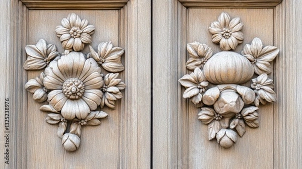 Obraz A stunning antique door showcasing intricate carvings, its weathered texture adds charm against a clean background.