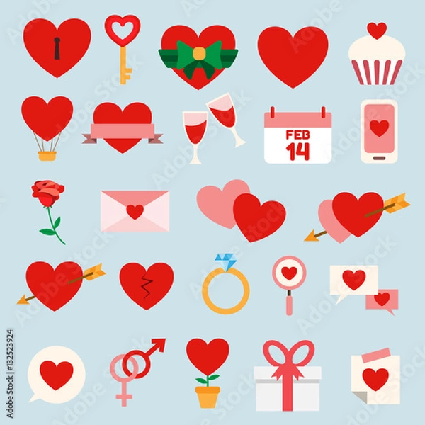 Obraz Set of Valentine's and Wedding icons, Design Elements. Heart , Love , Dating and Relationship. Vector illustration.